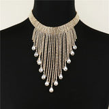 Boho Rhinestone Tassel Choker Necklace Water Drop Pendant