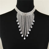 Boho Rhinestone Tassel Choker Necklace Water Drop Pendant