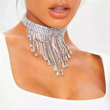 Boho Rhinestone Tassel Choker Necklace Water Drop Pendant