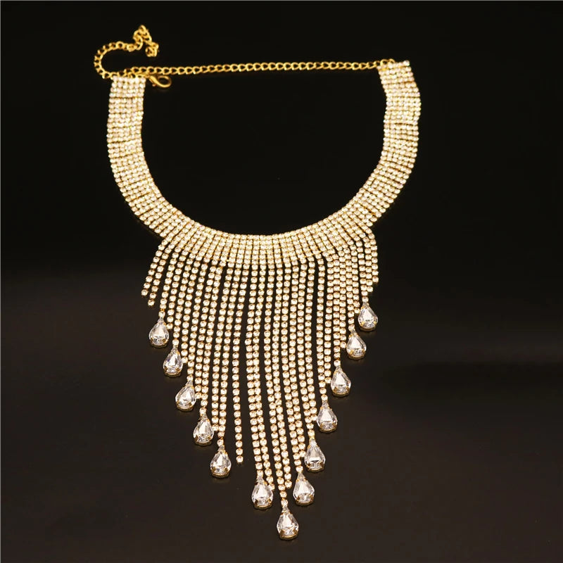Boho Rhinestone Tassel Choker Necklace Water Drop Pendant