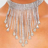 Boho Rhinestone Tassel Choker Necklace Water Drop Pendant