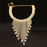 Boho Rhinestone Tassel Choker Necklace Water Drop Pendant