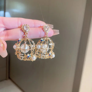 Pearl Birdcage Drop Earrings Rhinestone Dangle Earrings