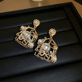 Pearl Birdcage Drop Earrings Rhinestone Dangle Earrings