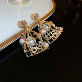 Pearl Birdcage Drop Earrings Rhinestone Dangle Earrings