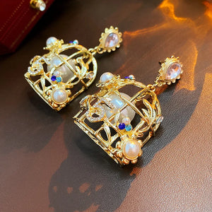 Pearl Birdcage Drop Earrings Rhinestone Dangle Earrings
