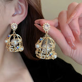 Pearl Birdcage Drop Earrings Rhinestone Dangle Earrings