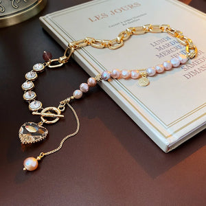 Rhinestone Pearl OT Buckle Choker Necklace Heart Pendant