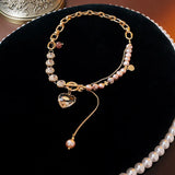 Rhinestone Pearl OT Buckle Choker Necklace Heart Pendant