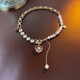 Rhinestone Pearl OT Buckle Choker Necklace Heart Pendant
