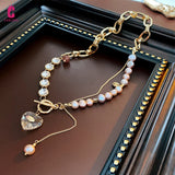 Rhinestone Pearl OT Buckle Choker Necklace Heart Pendant