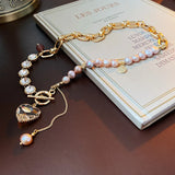 Rhinestone Pearl OT Buckle Choker Necklace Heart Pendant