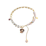Rhinestone Pearl OT Buckle Choker Necklace Heart Pendant