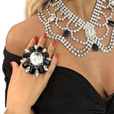 Adjustable Rhinestone Flower Wedding Ring, Crystal Round Open Finger Jewelry