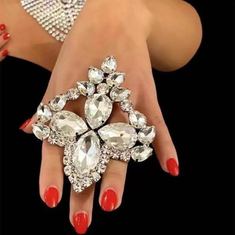 Adjustable Rhinestone Flower Wedding Ring, Crystal Round Open Finger Jewelry