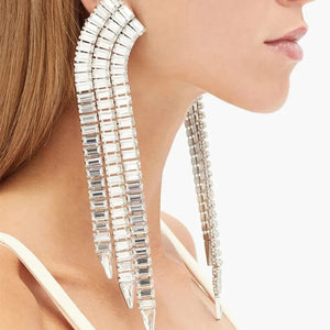 Long Tassel Rectangle Pendant Dangle Earrings Crystal Charm Wedding Jewelry