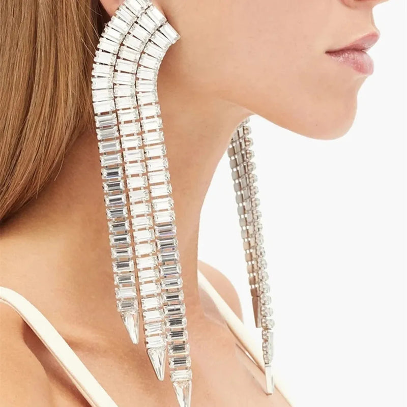 Long Tassel Rectangle Pendant Dangle Earrings Crystal Charm Wedding Jewelry