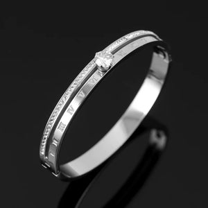 Roman Numerals Stainless Steel Bangle CZ Crystals Women's Bracelet