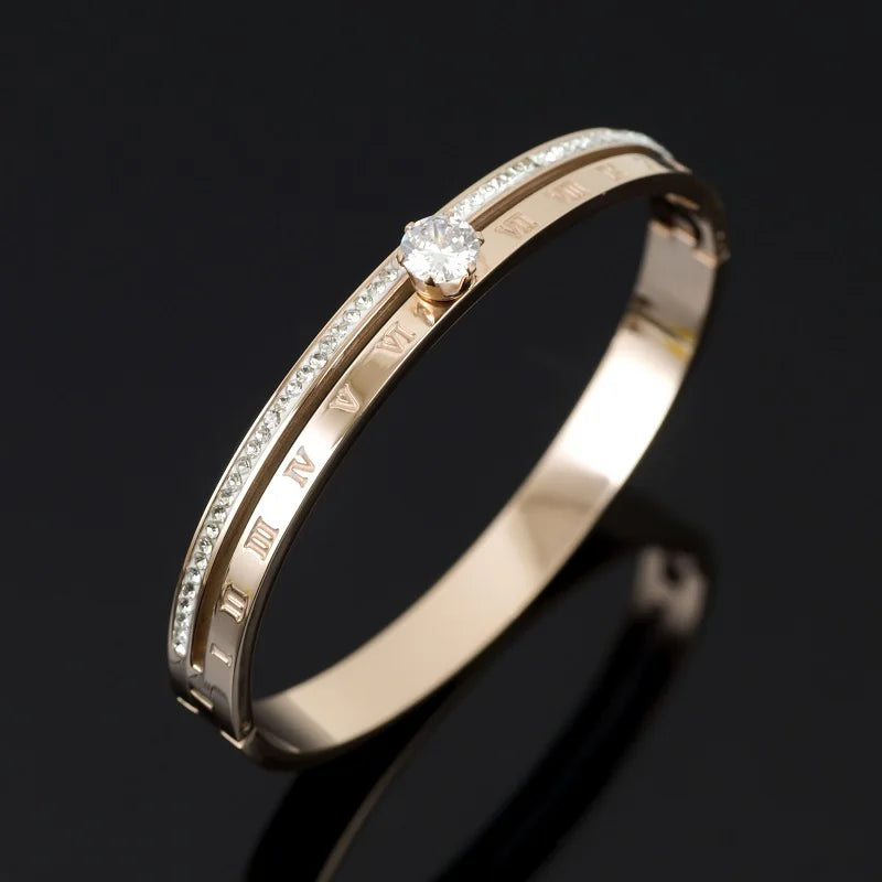 Roman Numerals Stainless Steel Bangle CZ Crystals Women's Bracelet