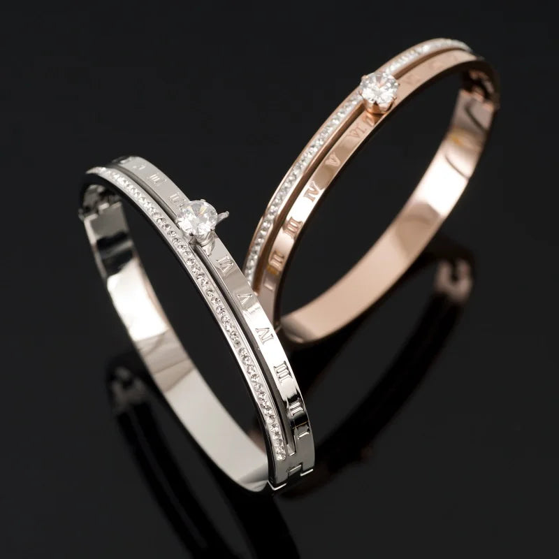 Roman Numerals Stainless Steel Bangle CZ Crystals Women's Bracelet