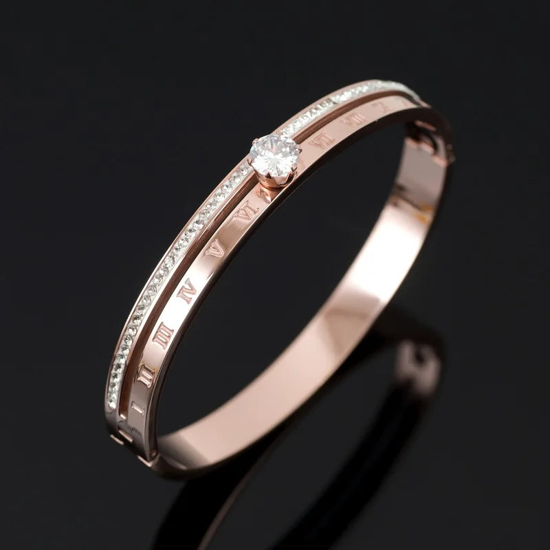 Roman Numerals Stainless Steel Bangle CZ Crystals Women's Bracelet