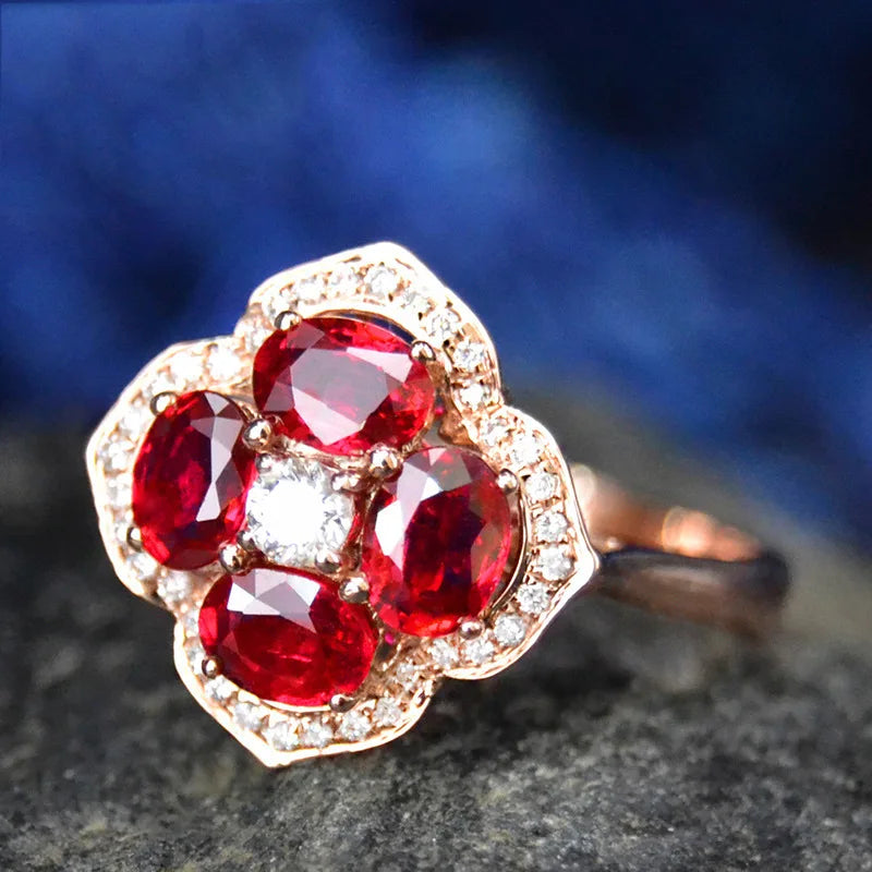 Romantic Rose Plated Flower Ring Red Gems Crystal Zircon Wedding Bridal Jewelry