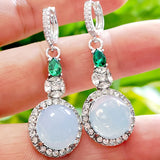 Round Moonstone Dangle Earring Silver Zircon Drop Green Stone Earrings