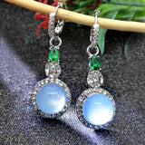 Round Moonstone Dangle Earring Silver Zircon Drop Green Stone Earrings