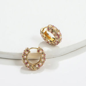 Round Pearl Rhinestone Huggie Hoop Earrings for Women