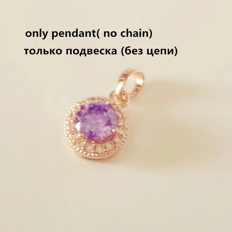 Purple Cubic Zircon Pendant - Round Shape Pink Rose Jewelry Necklace Pendants