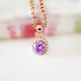 Purple Cubic Zircon Pendant - Round Shape Pink Rose Jewelry Necklace Pendants
