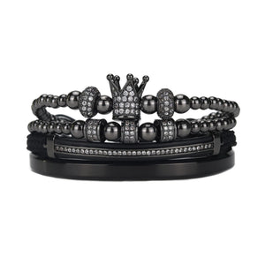 Royal King Crown Men Bracelet Set Stainless Steel Beads Bangle CZ Charms Ball