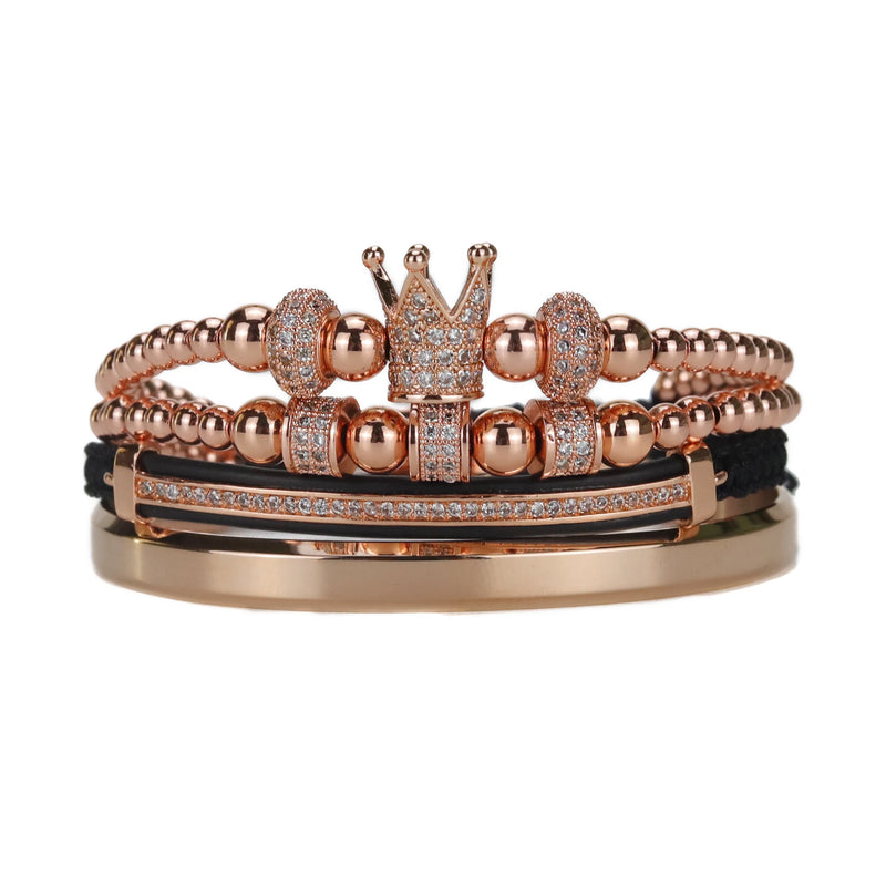 Royal King Crown Men Bracelet Set Stainless Steel Beads Bangle CZ Charms Ball