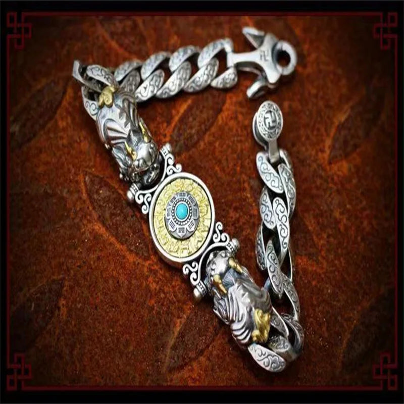 S925 Double Pixiu Jiugong Silver Bangles Retro Men and Women Couple Gift Bangle