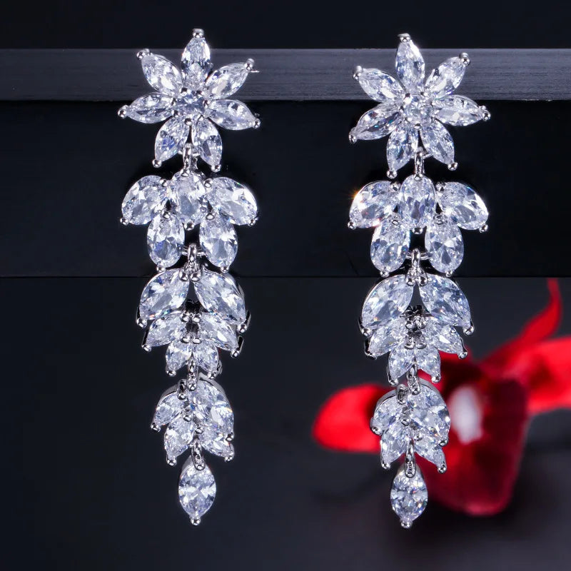 S925 Silver Earring Marquise CZ Dangle Drop Brides Wedding Jewelry