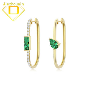 S925 Silver Emerald Paper Clip Earrings Hip Hop Fine Jewelry
