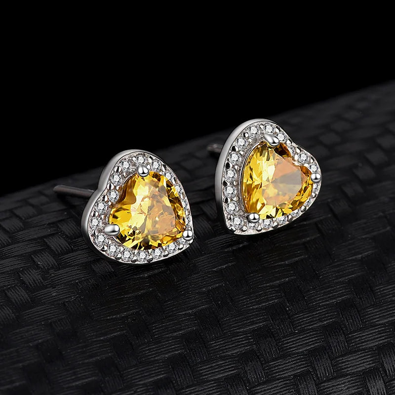 S925 Sterling Silver Yellow Heart Zircon Stud Earrings for Women