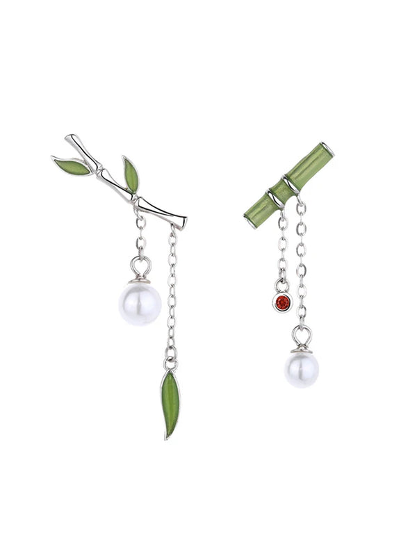 S925 Silver Asymmetrical Drop Stud Earrings with Bamboo Beads