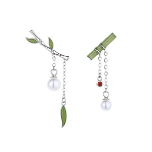 S925 Silver Asymmetrical Drop Stud Earrings with Bamboo Beads