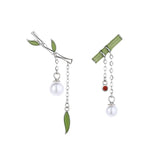 S925 Silver Asymmetrical Drop Stud Earrings with Bamboo Beads