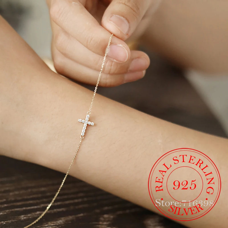 925 Sterling Silver Bracelet Cross Bracelet Plated Crystal Women's Fine Jewelry