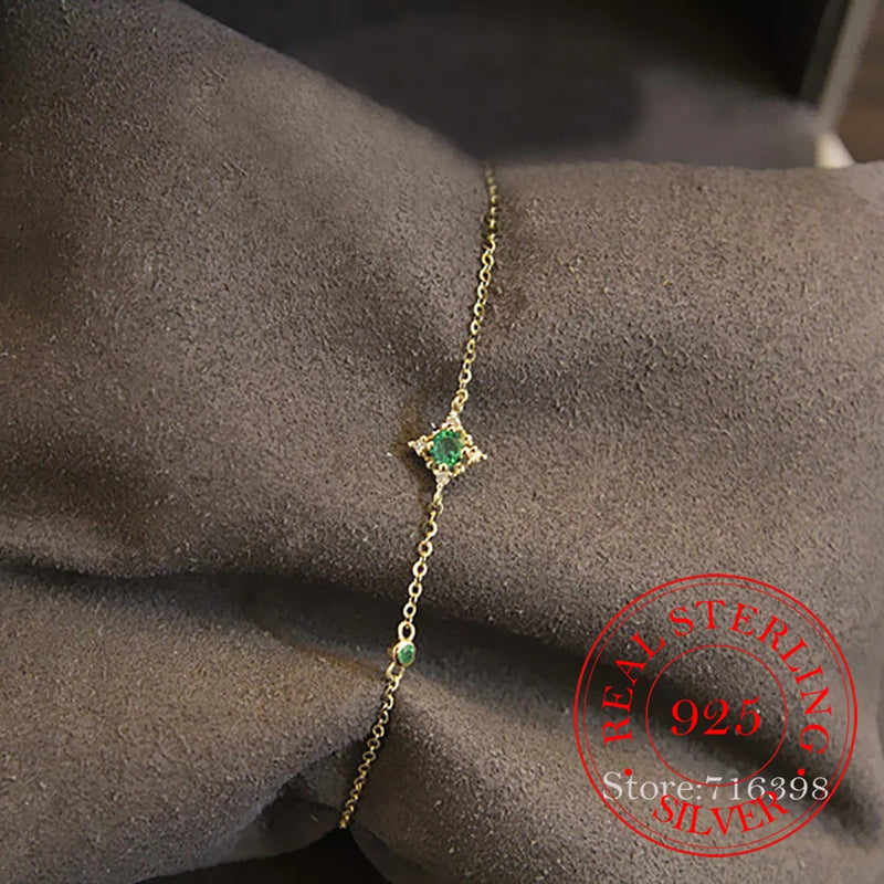 S925 Sterling Silver Female Bracelet Square Emerald Crystal Bracelet