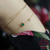 S925 Sterling Silver Women's Bracelet Square Emerald Crytal 14K