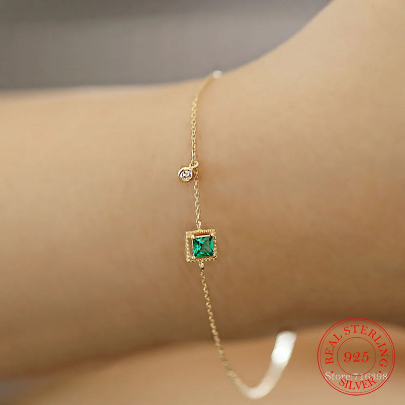 S925 Sterling Silver Women's Bracelet Square Emerald Crytal 14K