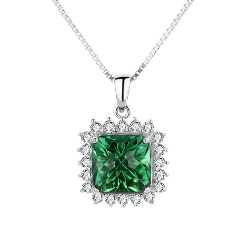 Square Emerald Pendant Necklace for Women Green Zircon