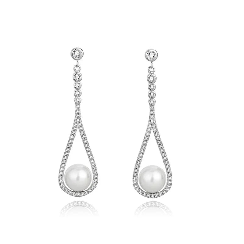 925 Silver Zircon Pearl Stud Earrings Women's Jewelry Gift