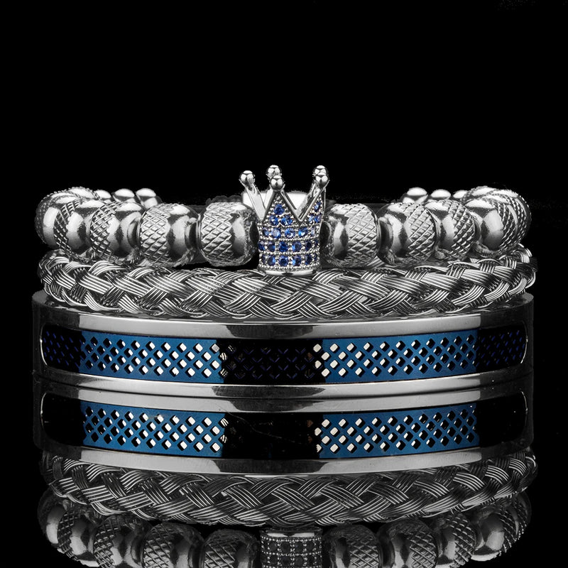 Men Crown Bracelets Contrast Color Bangles Hemp Rope Stainless Steel CZ