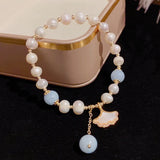 Shell Leaf Charm Pearl Aquamarine Bracelet for Women