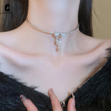 Rhinestone Bowknot Tassel Pendant Choker Necklaces Women Girl Jewelry