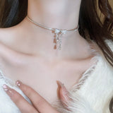 Rhinestone Bowknot Tassel Pendant Choker Necklaces Women Girl Jewelry